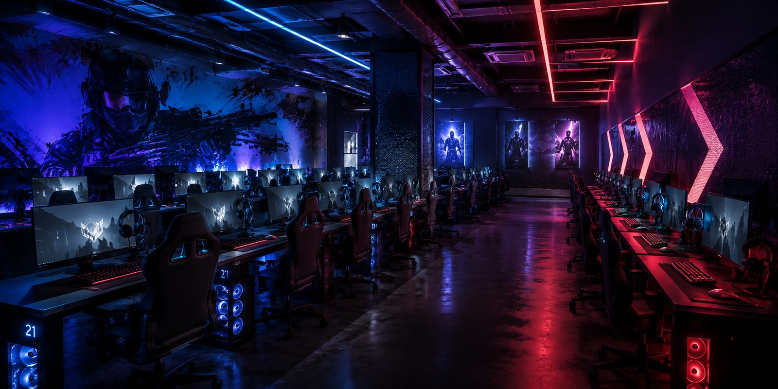 Lobby lounge with low sofas, floor lamps and PC monitors glowing along the far wall